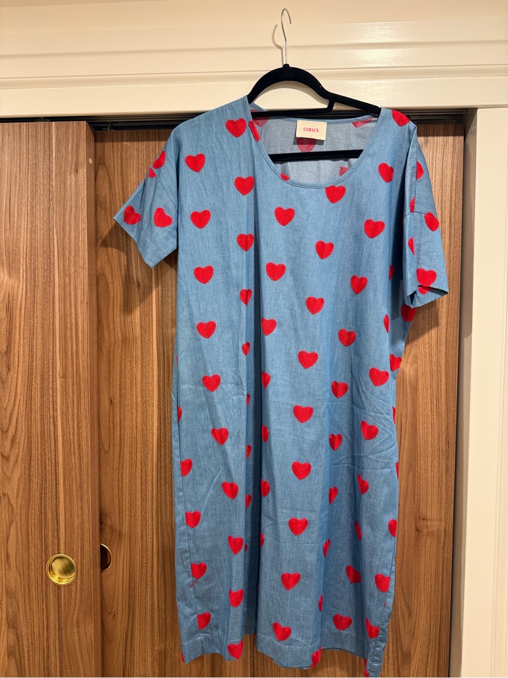 Obus Light Blue Midi Dress with Red Heart Print M